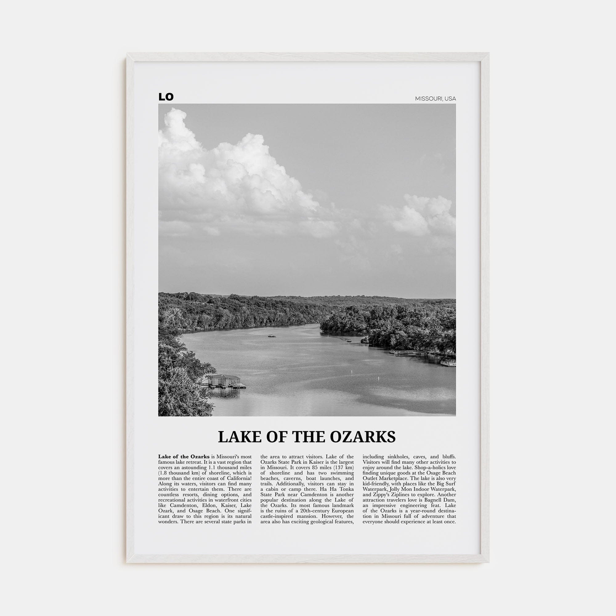 Lake of the Ozarks Poster White Wood / 8x12 in Nbourhood Travel B&W Poster