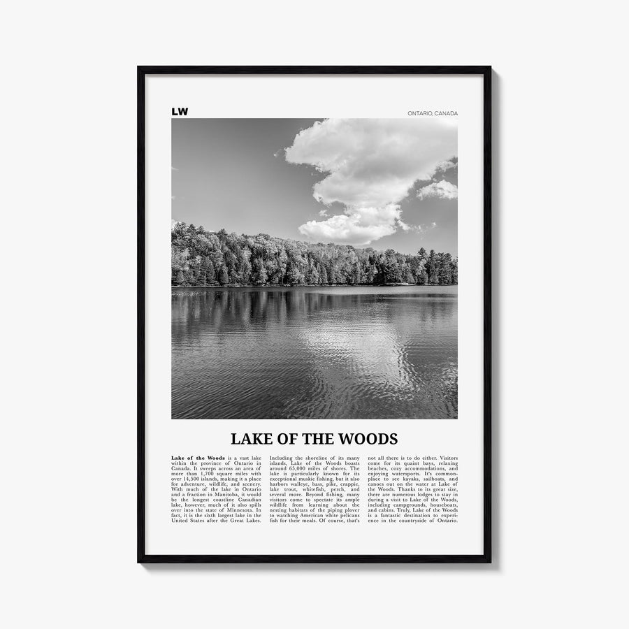 Lake of the Woods black & white newspaper poster of Ontario, Canada & Minnesota, USA – vertical wall art, unframed print show