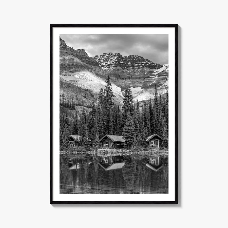 Lake Ohara black & white photo poster of Canada – vertical wall art, unframed print shown in interior mockup