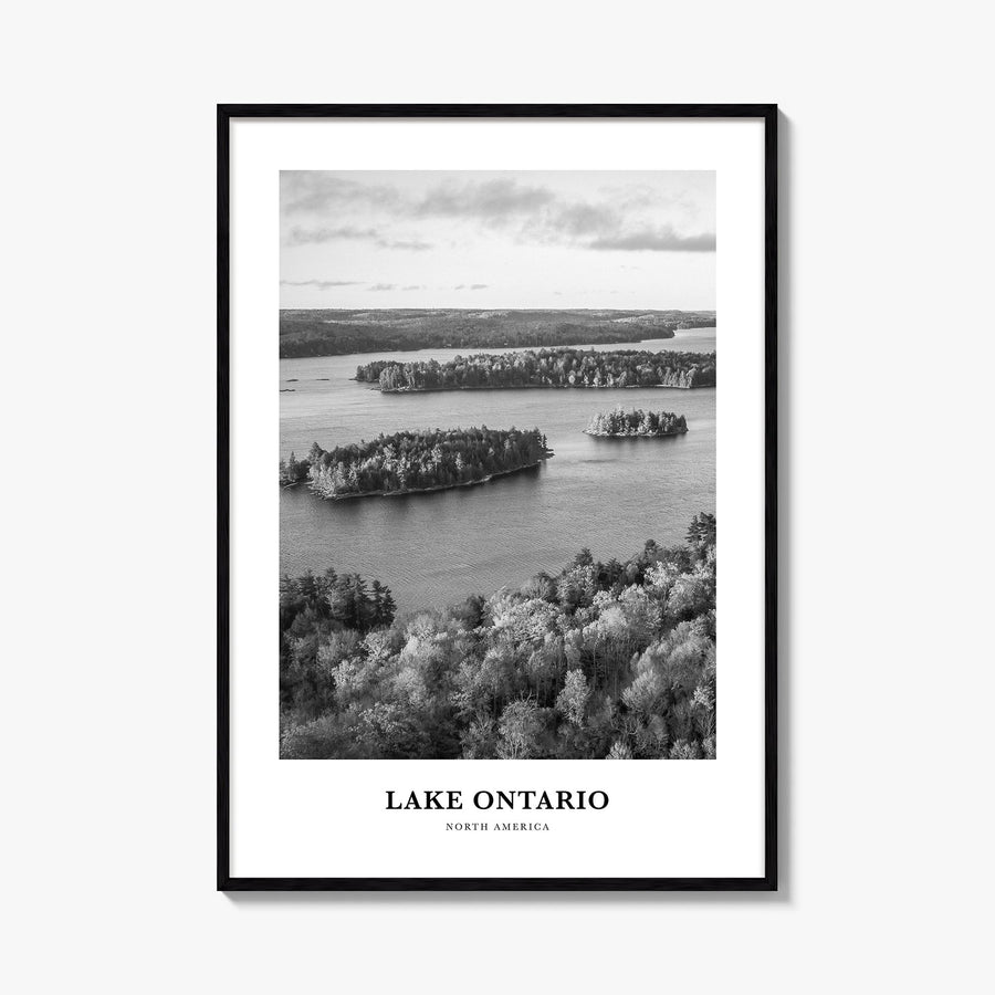 Lake Ontario black & white classic poster of North America – vertical wall art, unframed print shown in interior mockup