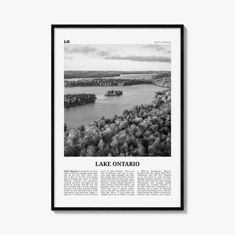 Lake Ontario black & white newspaper poster of North America – vertical wall art, unframed print shown in interior mockup