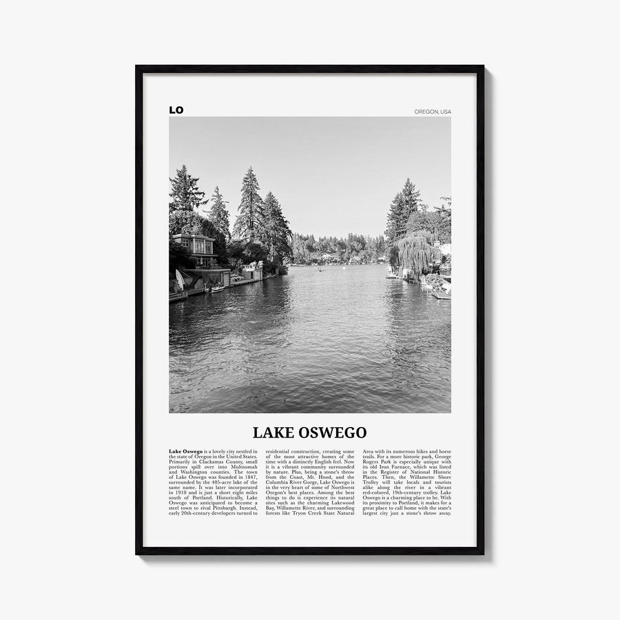 Lake Oswego black & white newspaper poster of Oregon, USA – vertical wall art, unframed print shown in interior mockup