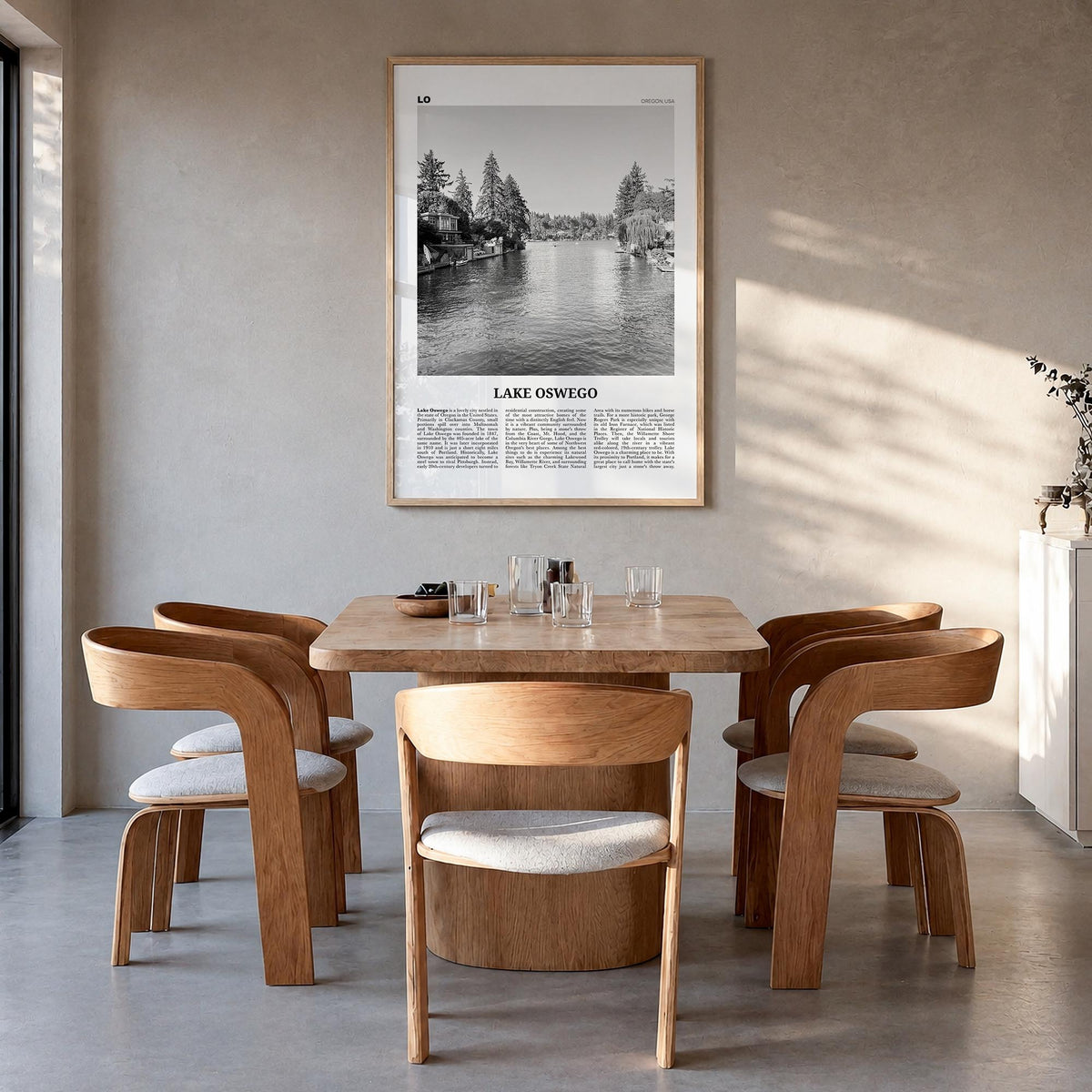 Lake Oswego black & white newspaper poster of Oregon, USA – vertical wall art in natural wood frame, hanging on wall