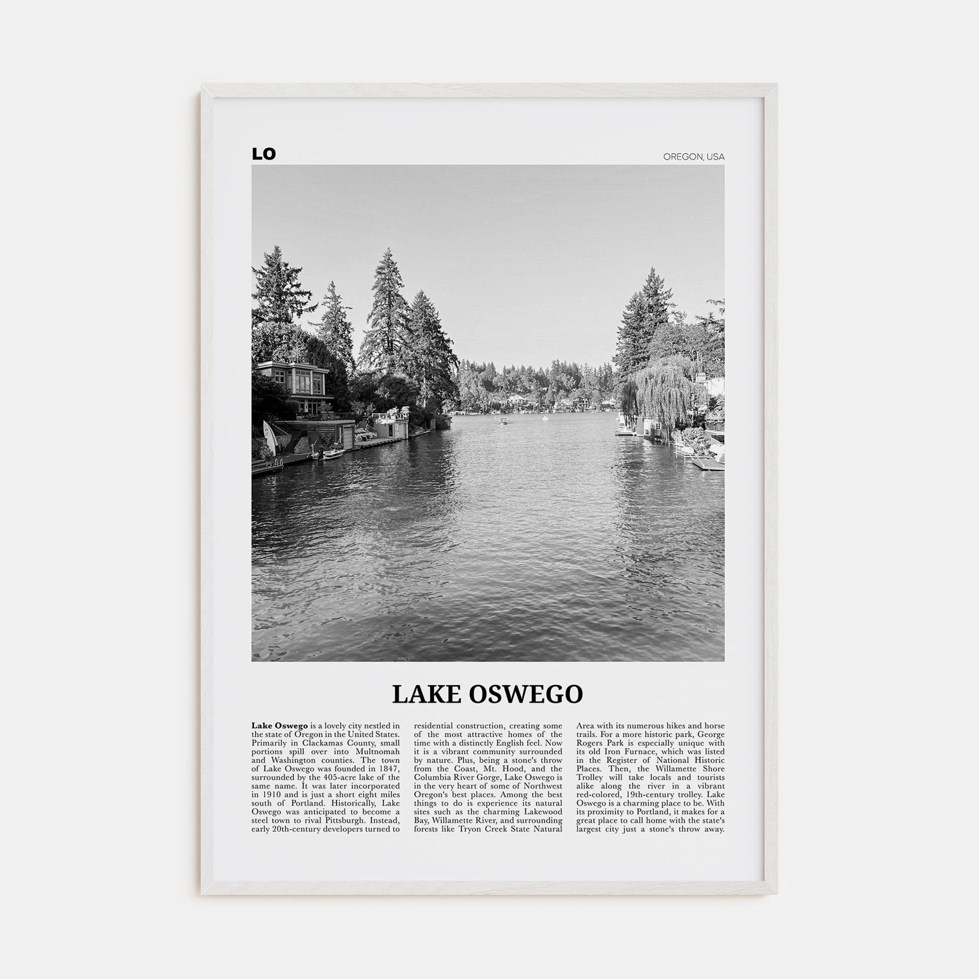 Lake Oswego Poster White Wood / 8x12 in Nbourhood Travel B&W Poster