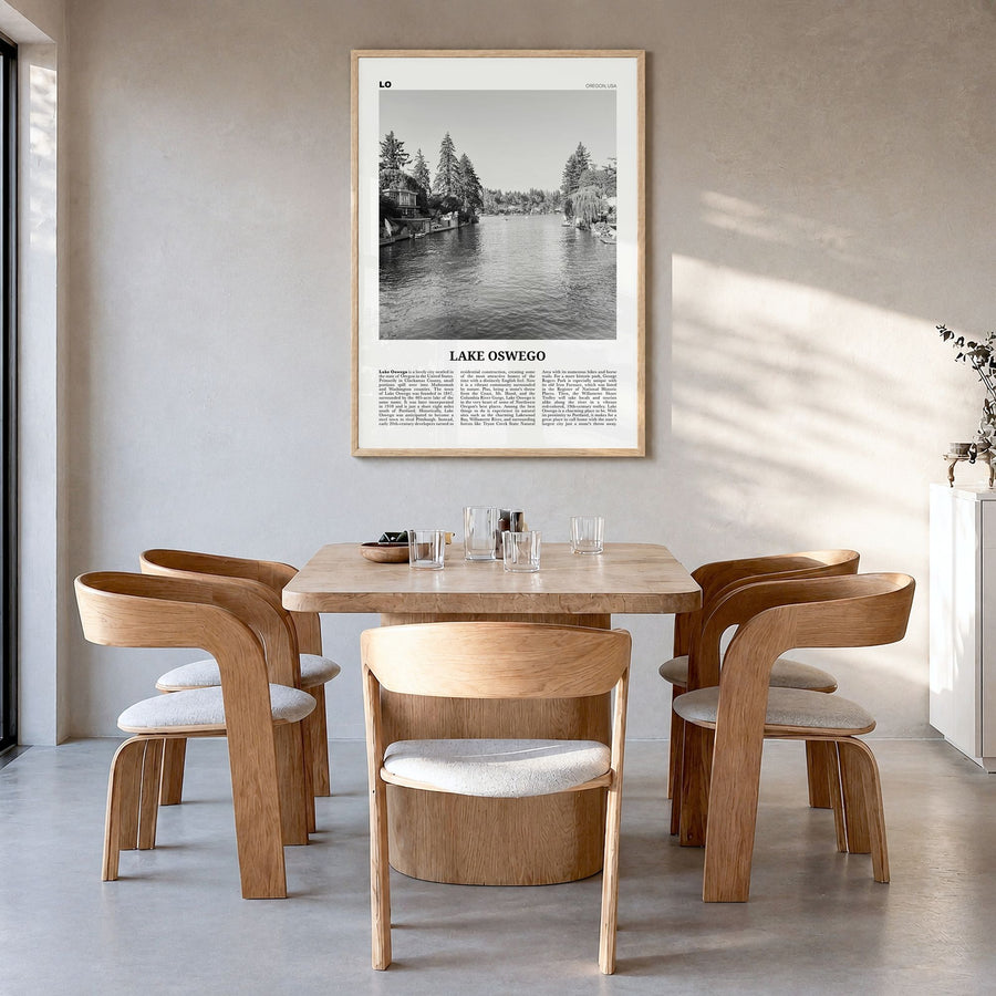 Lake Oswego Newspaper Poster in a natural wood frame, hanging in a dining room