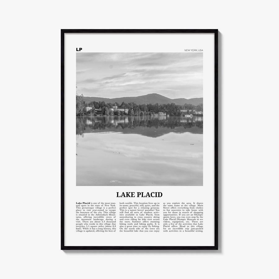 Lake Placid black & white newspaper poster of New York, USA – vertical wall art, unframed print shown in interior mockup