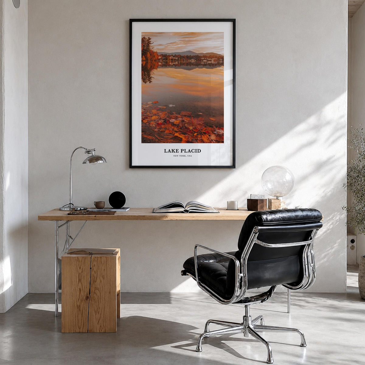 Lake Placid colorful classic poster of New York, USA – vertical wall art in black wood frame, hanging on wall