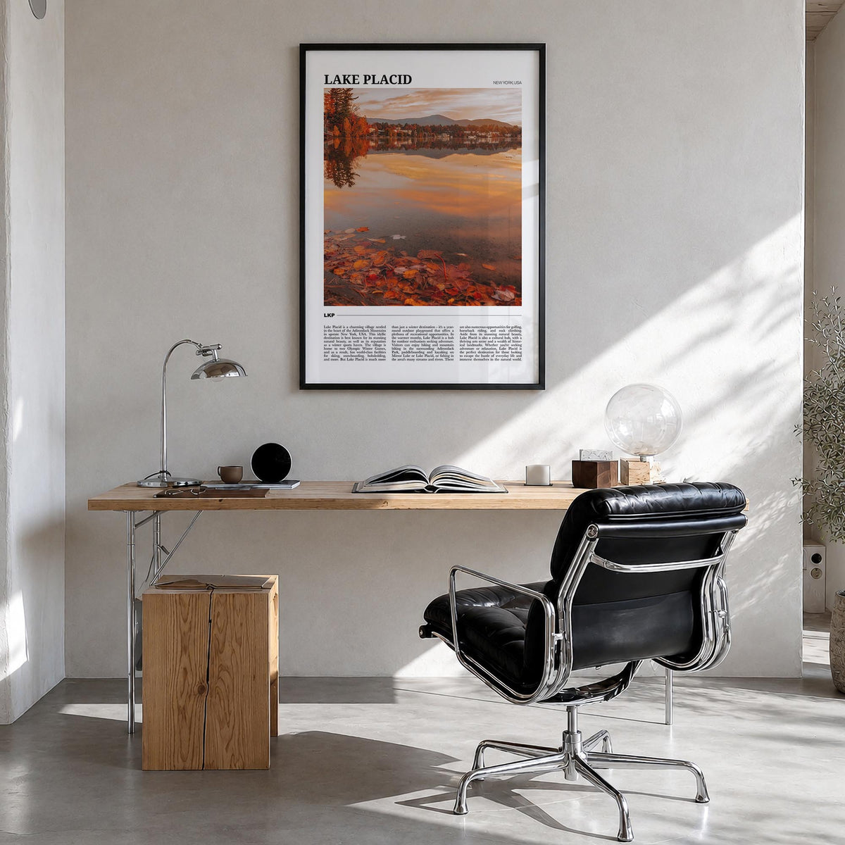 Lake Placid colorful travel poster of New York, USA – vertical wall art in black wood frame, hanging on wall
