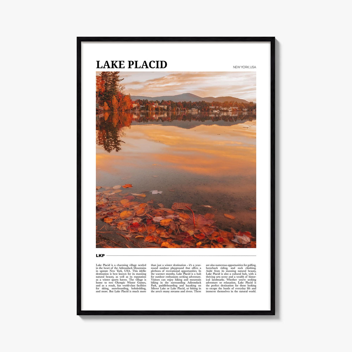 Lake Placid colorful travel poster of New York, USA – vertical wall art, unframed print shown in interior mockup