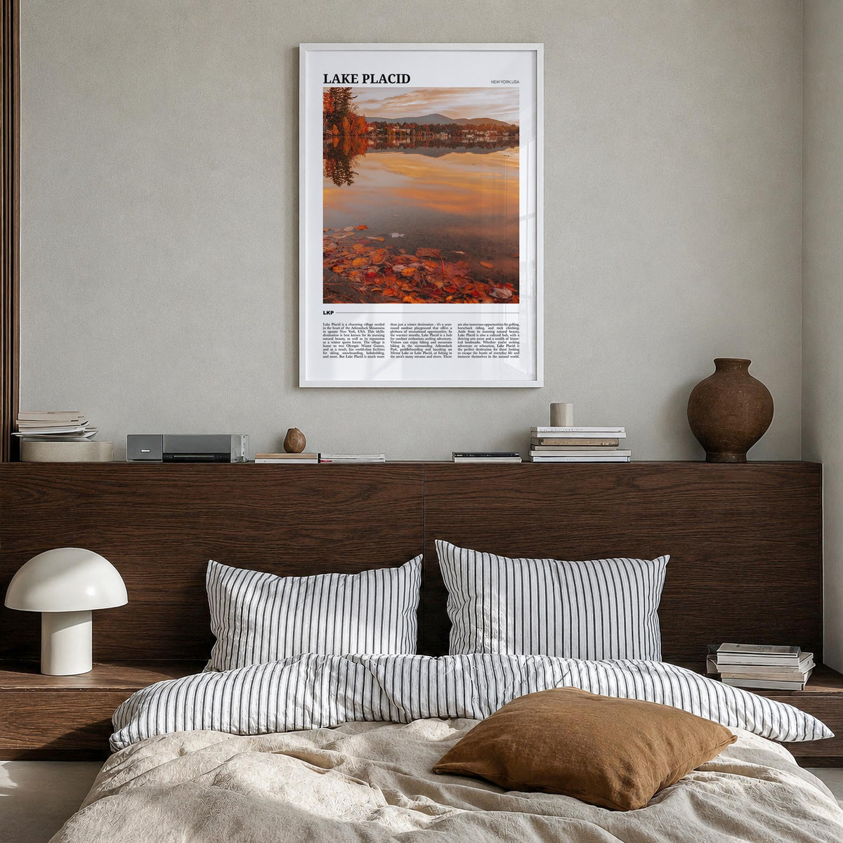 Lake Placid colorful travel poster of New York, USA – vertical wall art in white wood frame, hanging on wall