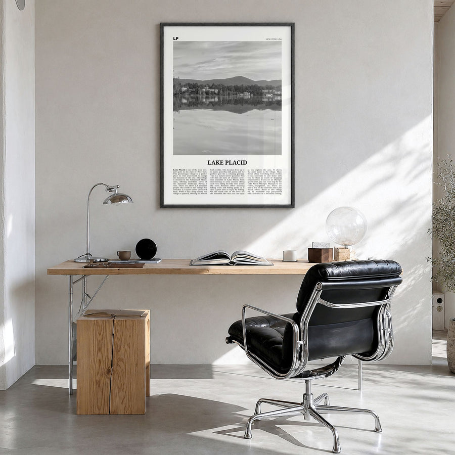 Lake Placid Newspaper Poster in a black wood frame, hanging in a bright home office