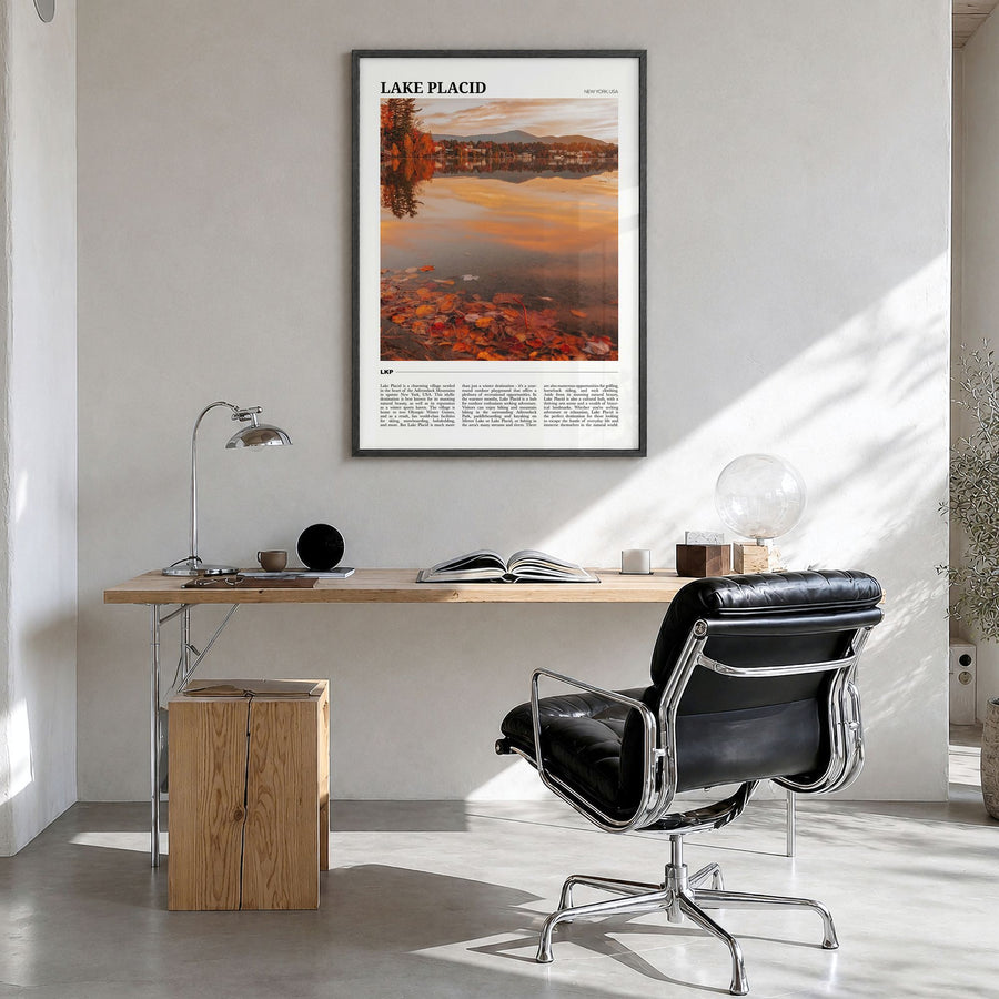 Lake Placid Travel Poster in a black wood frame, hanging in a bright home office