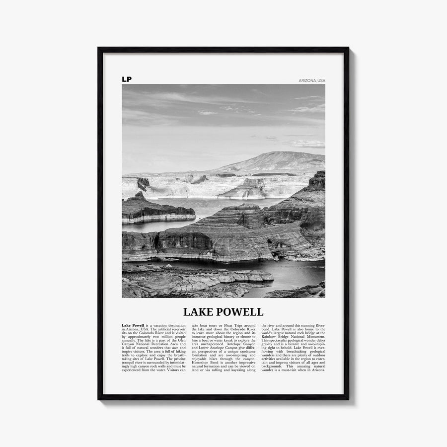 Lake Powell black & white newspaper poster of Arizona & Utah, USA – vertical wall art, unframed print shown in interior mocku