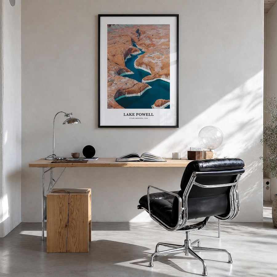 Lake Powell colorful classic poster of Arizona & Utah, USA – vertical wall art in black wood frame, hanging on wall