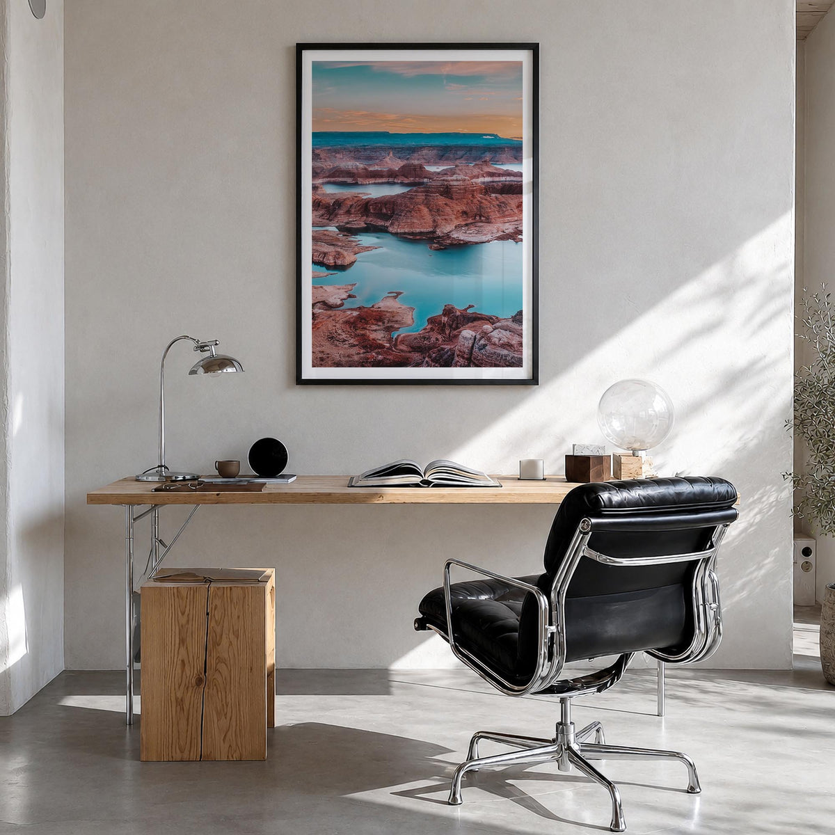 Lake Powell colorful photo poster of Arizona & Utah, USA – vertical wall art in black wood frame with white border, hanging o