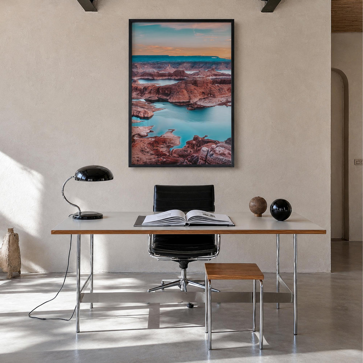 Lake Powell colorful photo poster of Arizona & Utah, USA – vertical wall art in black wood frame, hanging on wall