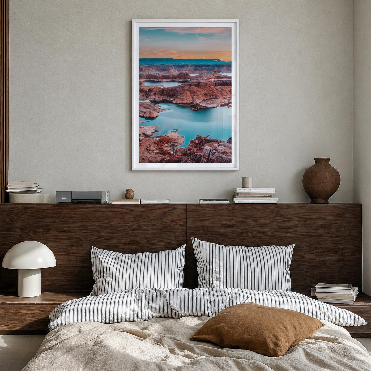 Lake Powell colorful photo poster of Arizona & Utah, USA – vertical wall art in white wood frame with white border, hanging o