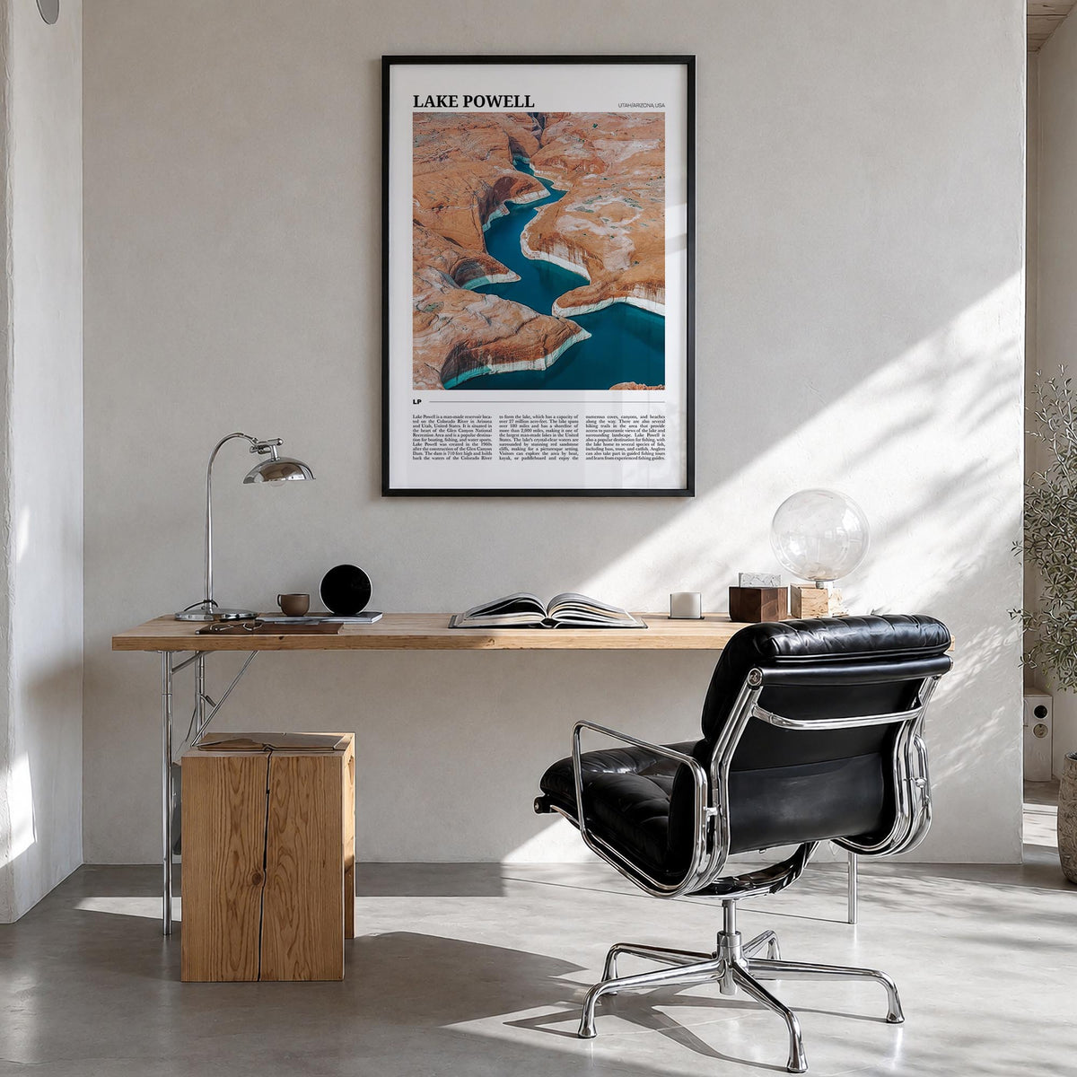 Lake Powell colorful travel poster of Arizona & Utah, USA – vertical wall art in black wood frame, hanging on wall