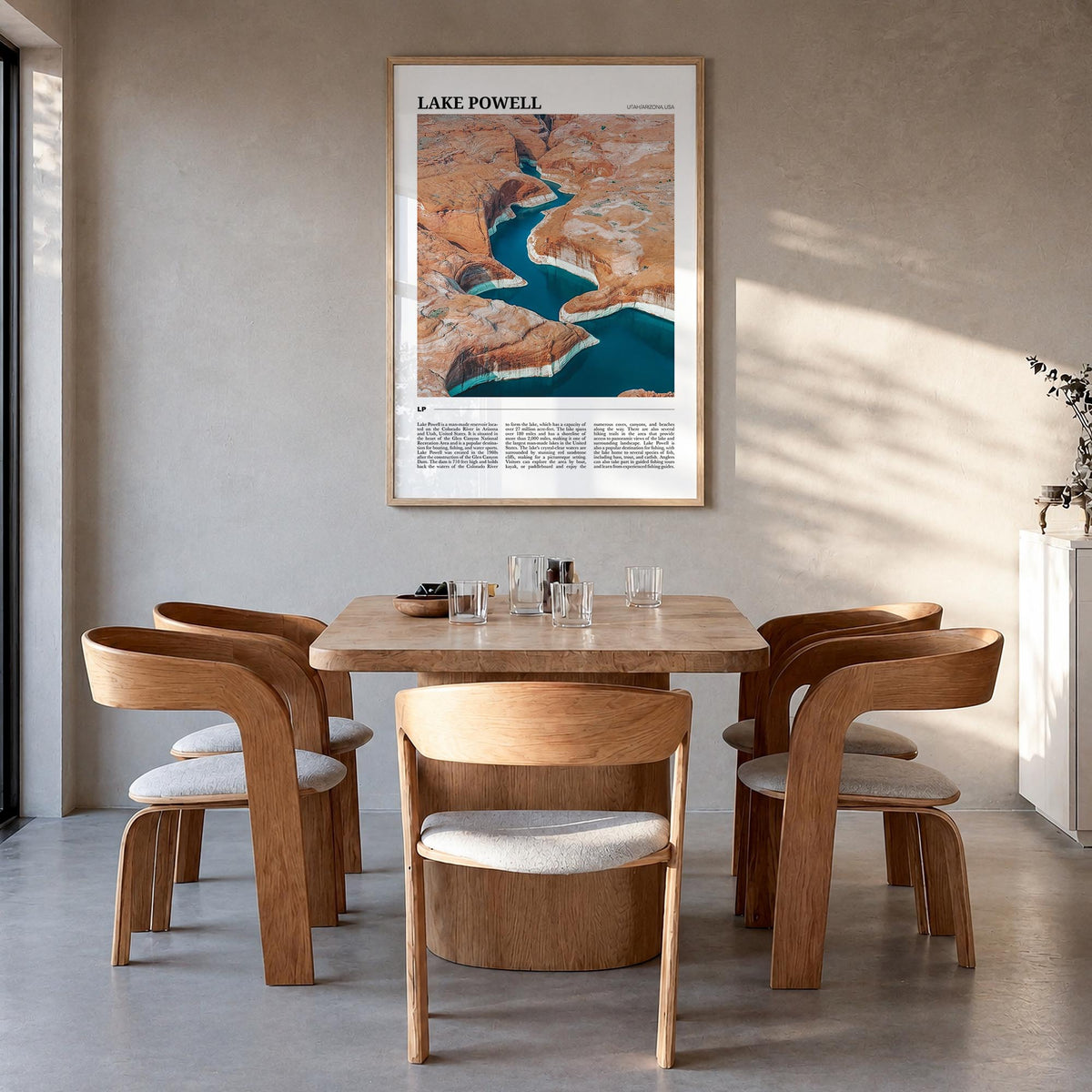 Lake Powell colorful travel poster of Arizona & Utah, USA – vertical wall art in natural wood frame, hanging on wall