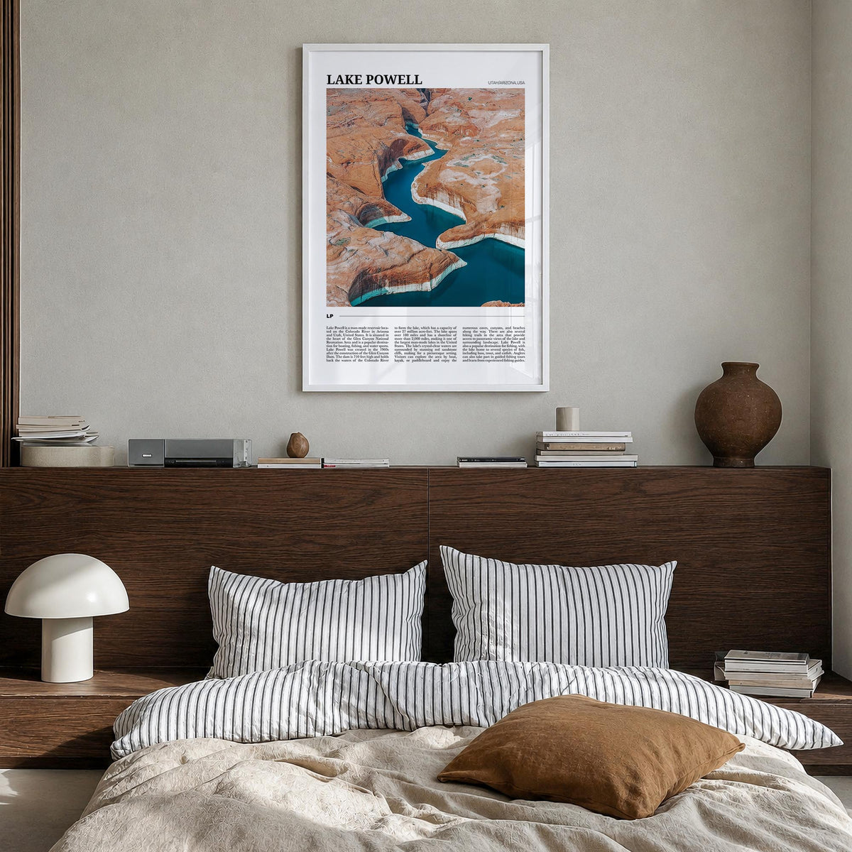 Lake Powell colorful travel poster of Arizona & Utah, USA – vertical wall art in white wood frame, hanging on wall