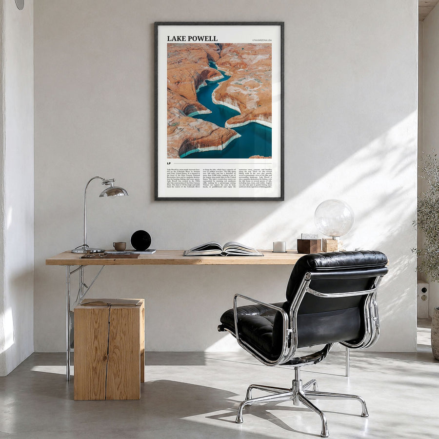 Lake Powell Travel Poster in a black wood frame, hanging in a bright home office