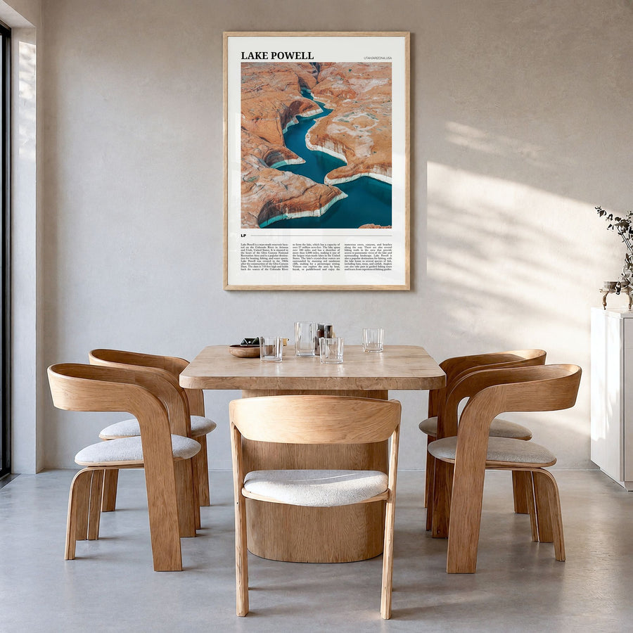 Lake Powell Travel Poster in a natural wood frame, hanging in a dining room