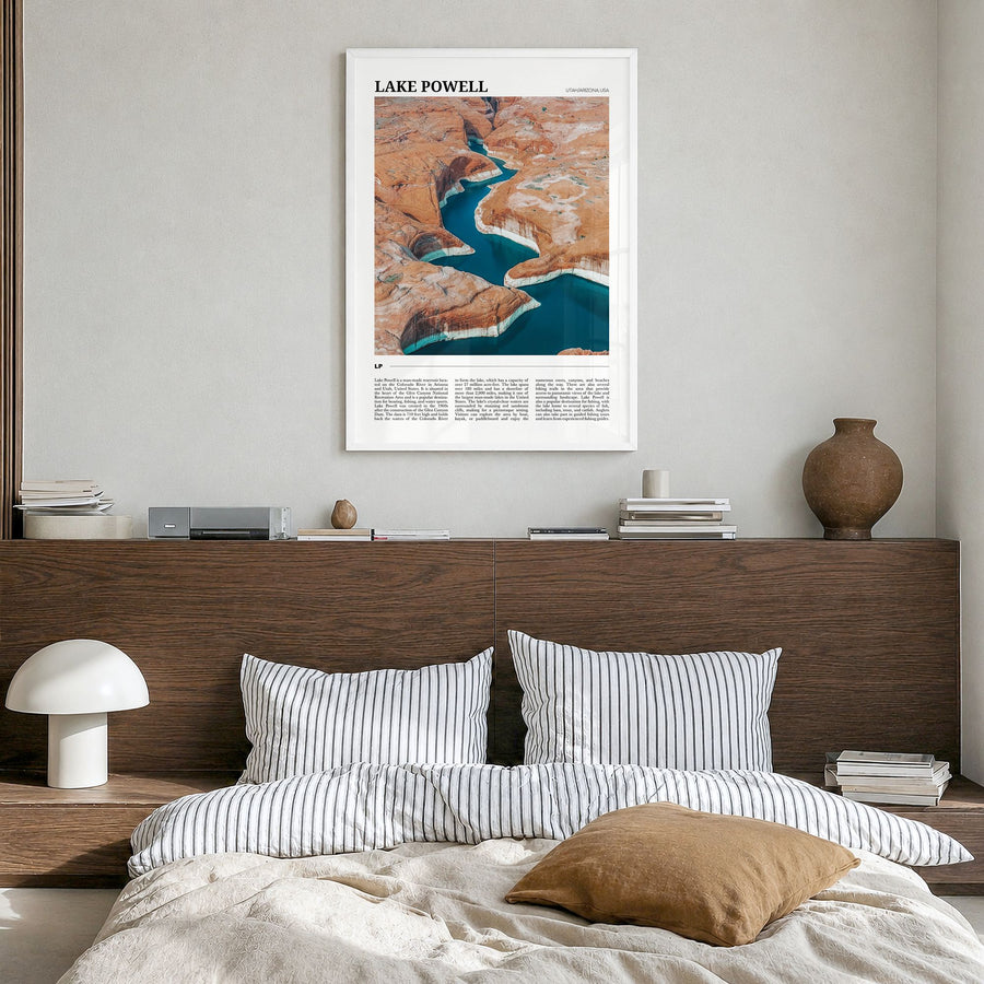 Lake Powell Travel Poster in a white wood frame, hanging in a bedroom