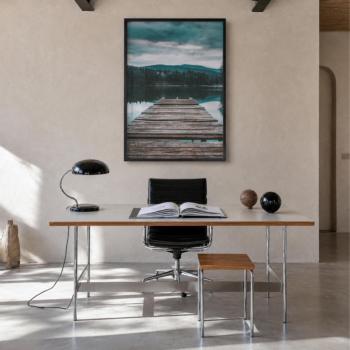 Lake Reflection colorful photo poster – vertical wall art in black wood frame, hanging on wall