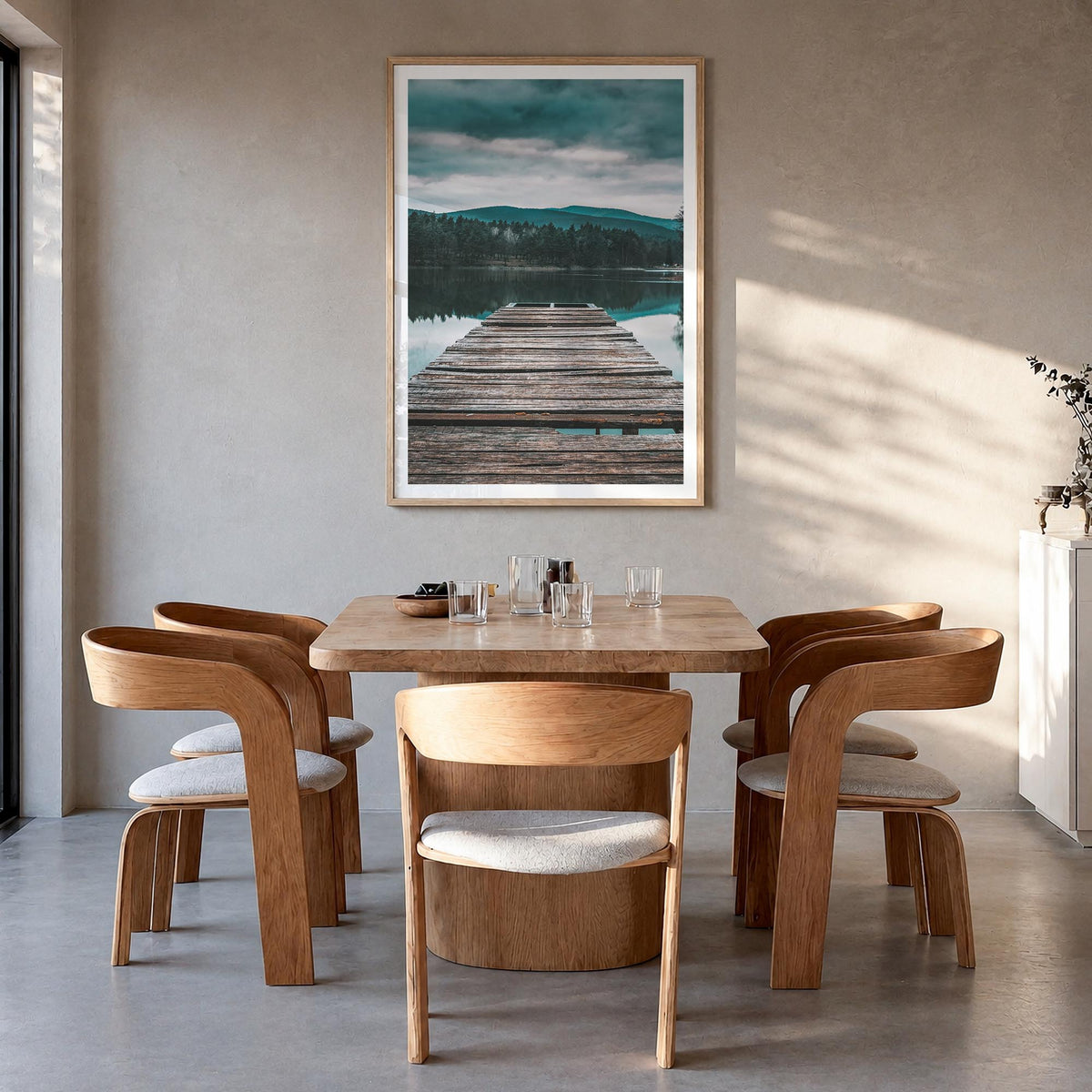 Lake Reflection colorful photo poster – vertical wall art in natural wood frame with white border, hanging on wall