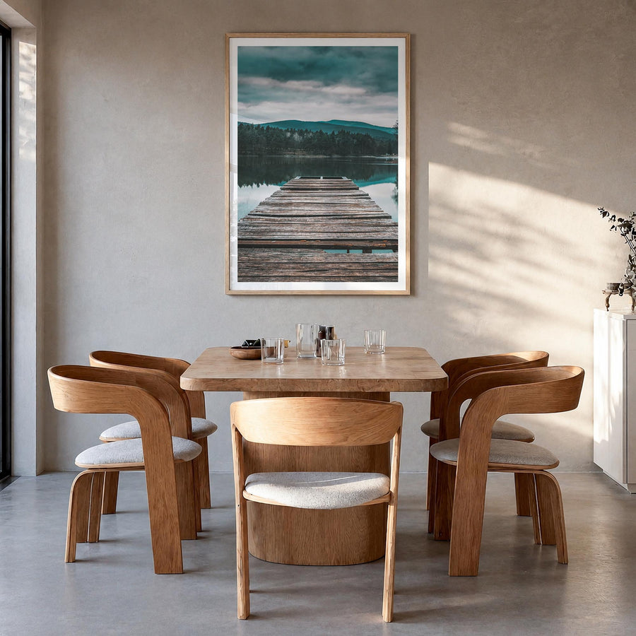 Lake Reflection colorful photo poster – vertical wall art in natural wood frame with white border, hanging on wall