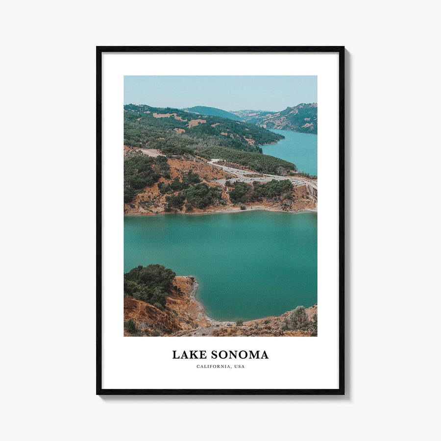 Lake Sonoma colorful classic poster of California, USA – vertical wall art, unframed print shown in interior mockup