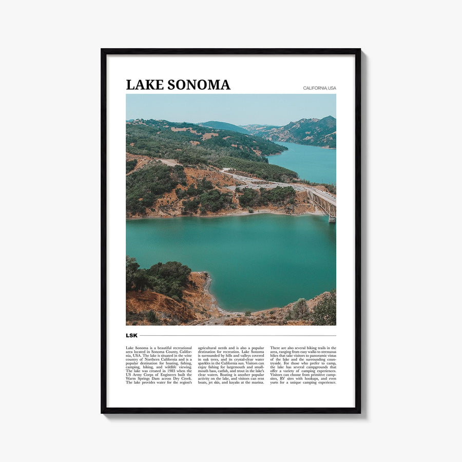 Lake Sonoma colorful travel poster of California, USA – vertical wall art, unframed print shown in interior mockup