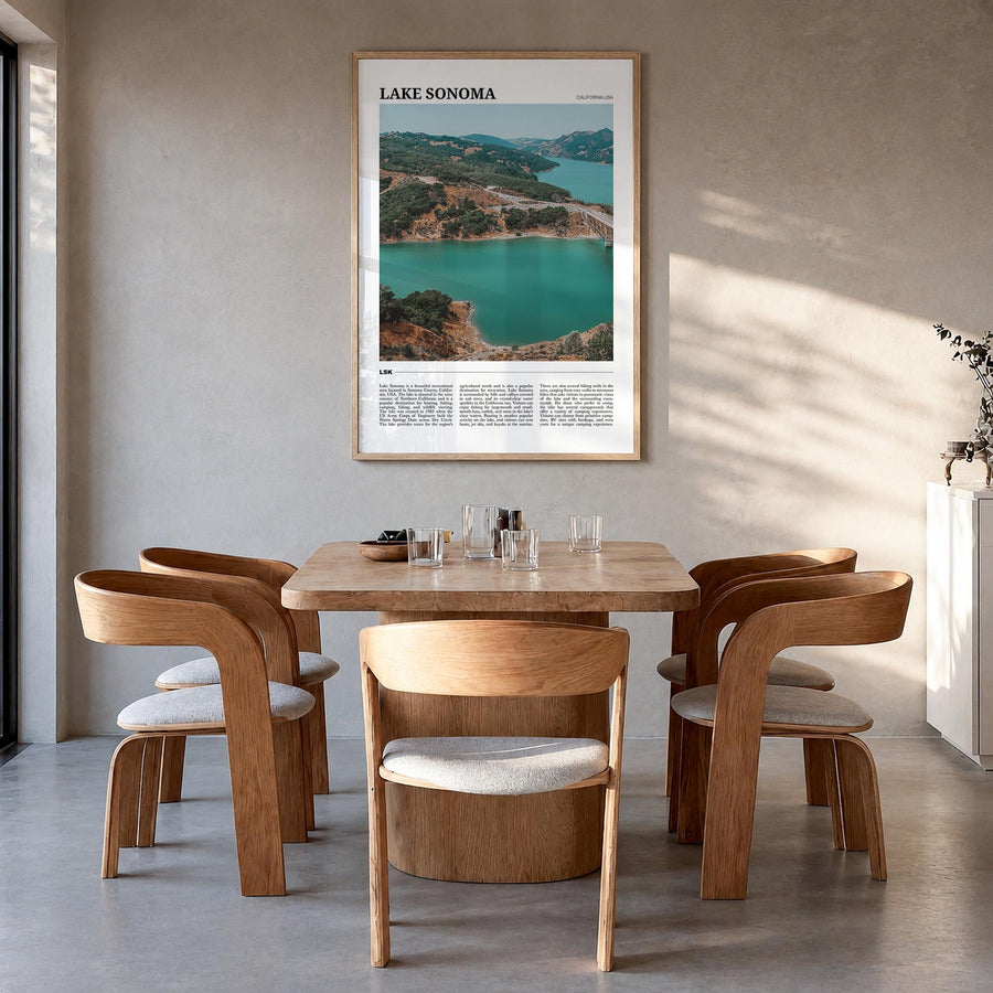 Lake Sonoma colorful travel poster of California, USA – vertical wall art in natural wood frame, hanging on wall