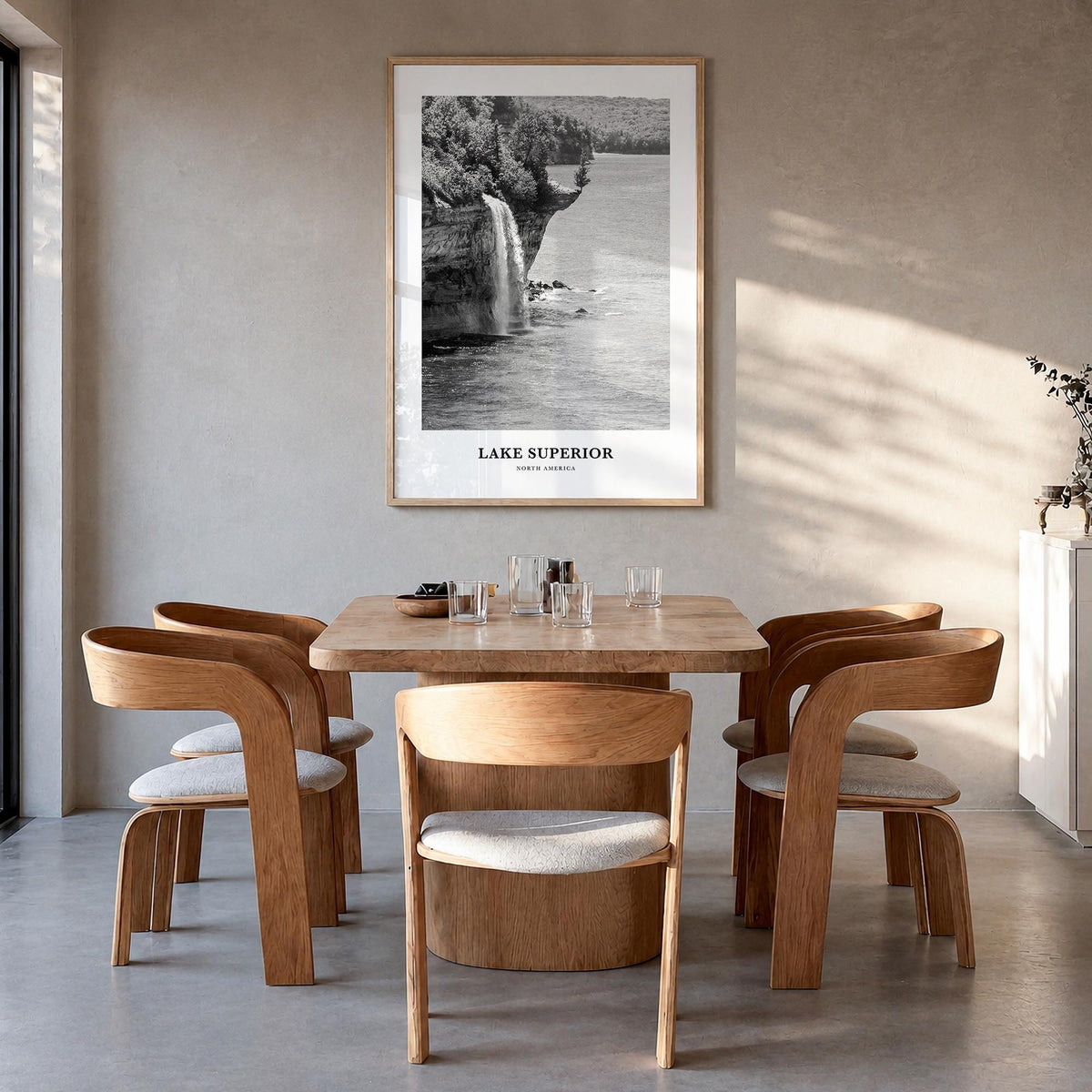 Lake Superior black & white classic poster of United States & Canada – vertical wall art in natural wood frame, hanging on wa