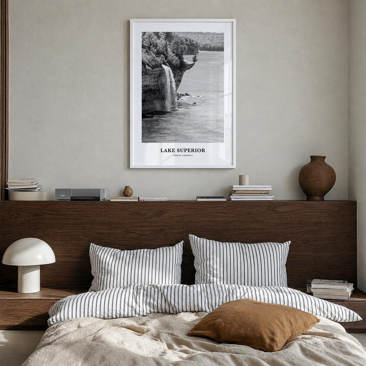 Lake Superior black & white classic poster of United States & Canada – vertical wall art in white wood frame, hanging on wall