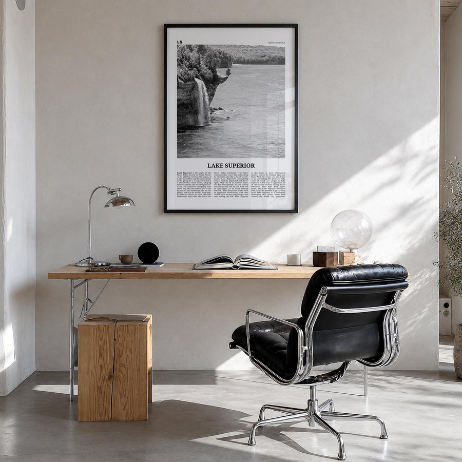 Lake Superior black & white newspaper poster of United States & Canada – vertical wall art in black wood frame, hanging on wa
