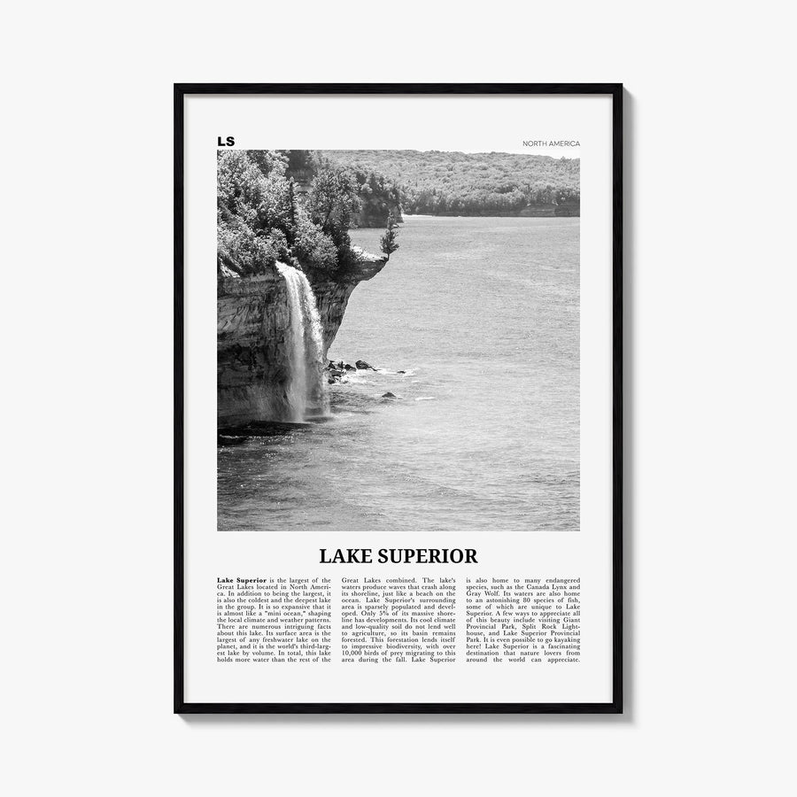 Lake Superior black & white newspaper poster of United States & Canada – vertical wall art, unframed print shown in interior 