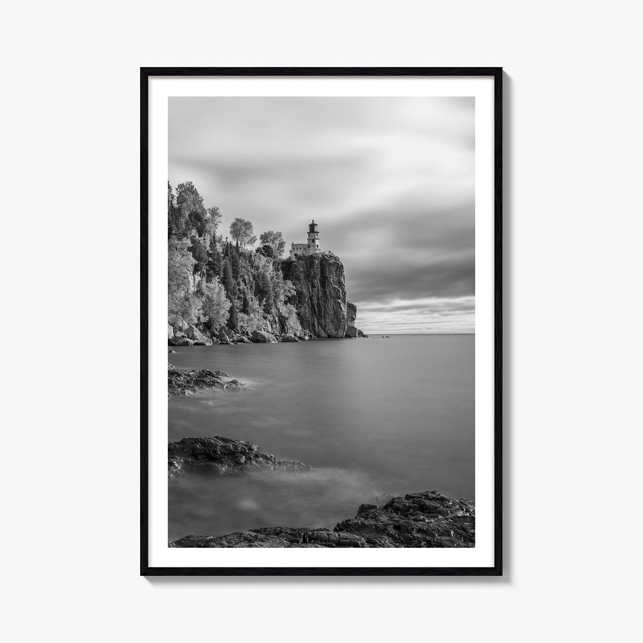 Lake Superior black & white photo poster of United States & Canada – vertical wall art, unframed print shown in interior mock