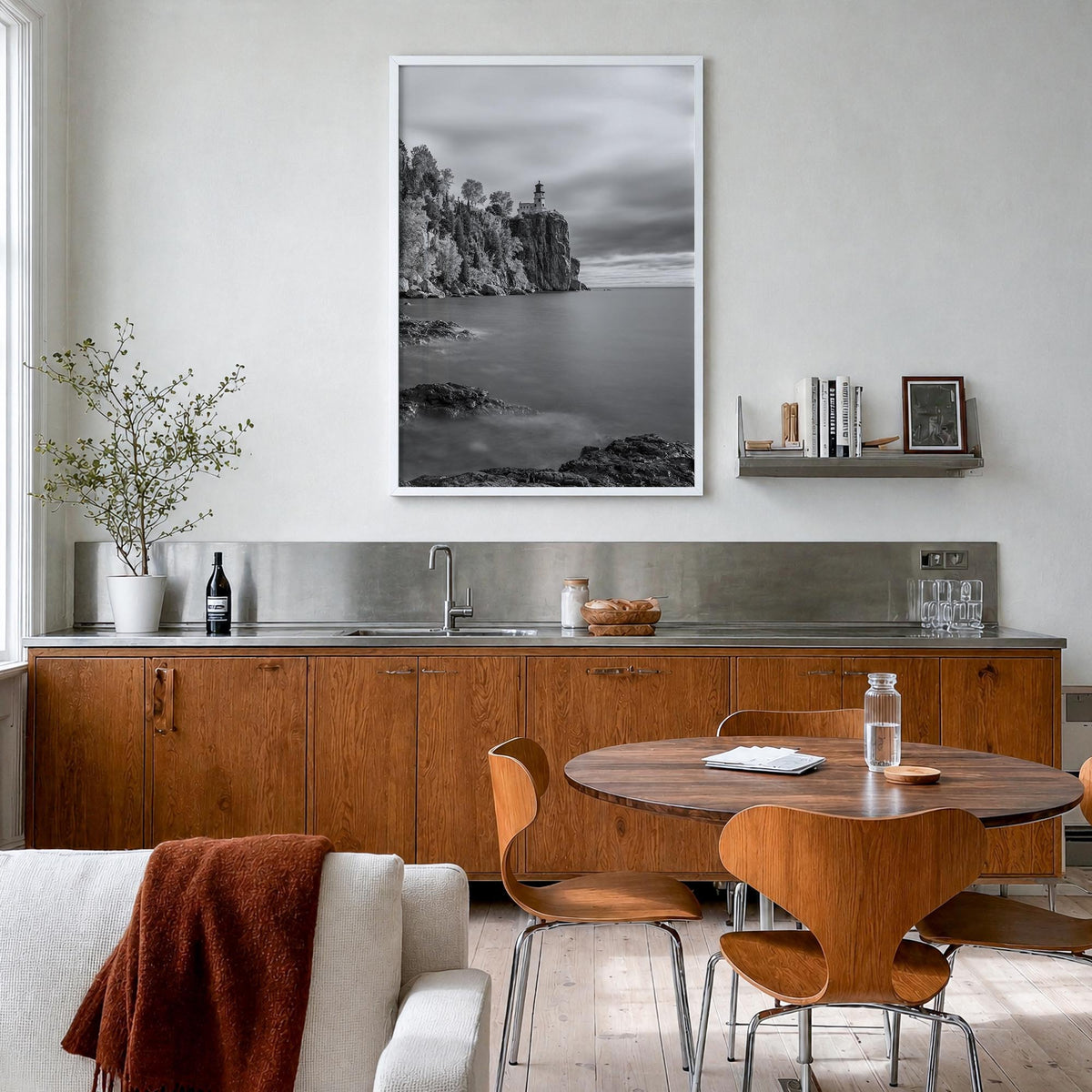 Lake Superior black & white photo poster of United States & Canada – vertical wall art in white wood frame, hanging on wall