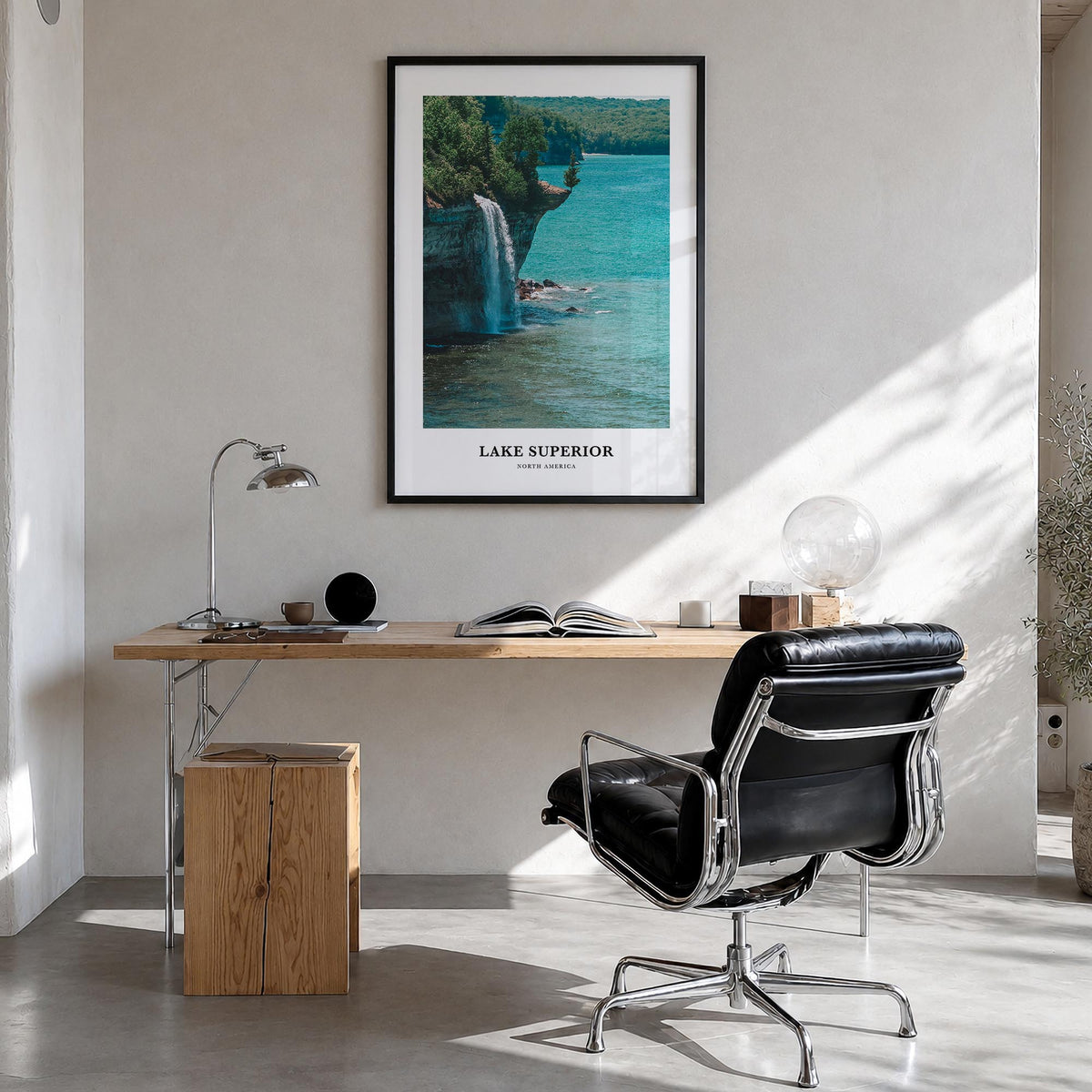 Lake Superior colorful classic poster of United States & Canada – vertical wall art in black wood frame, hanging on wall