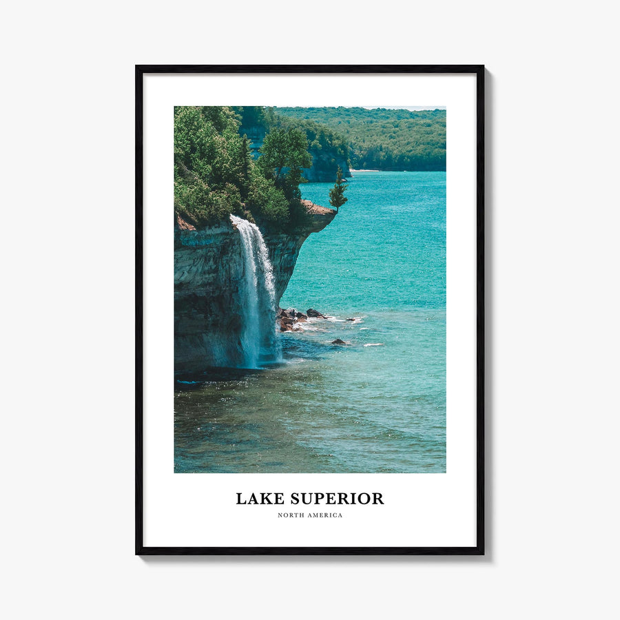 Lake Superior colorful classic poster of United States & Canada – vertical wall art, unframed print shown in interior mockup