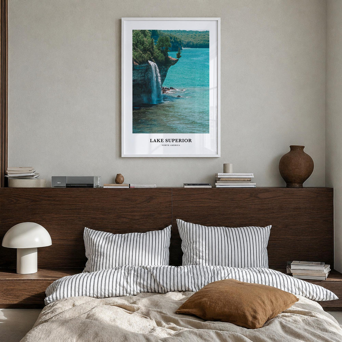 Lake Superior colorful classic poster of United States & Canada – vertical wall art in white wood frame, hanging on wall