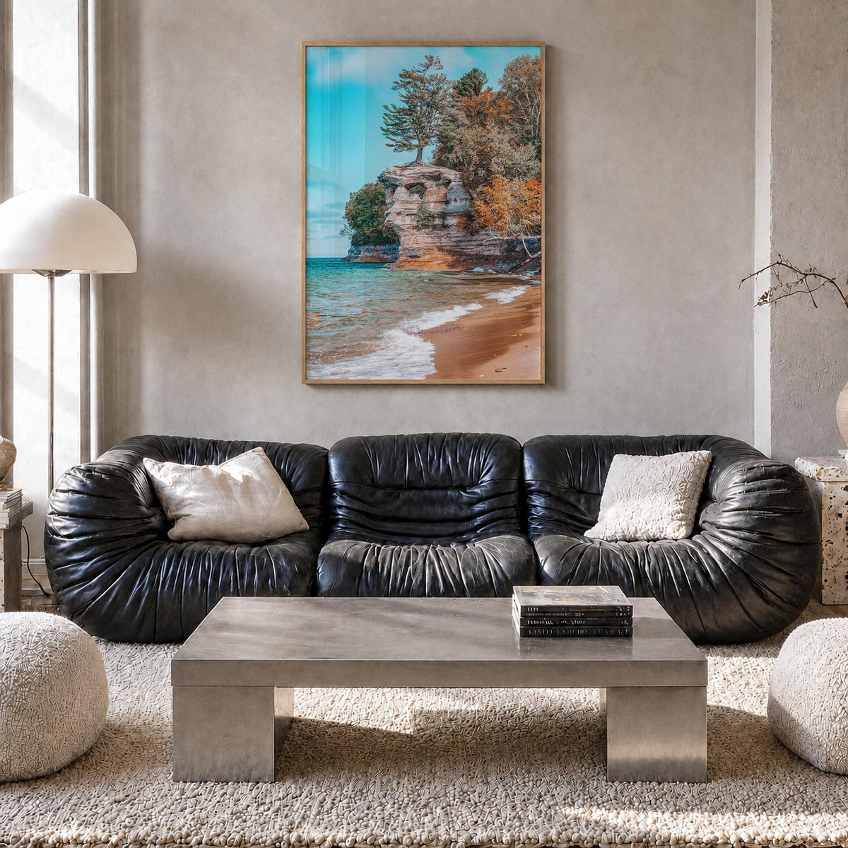 Lake Superior colorful photo poster of United States & Canada – vertical wall art in natural wood frame, hanging on wall