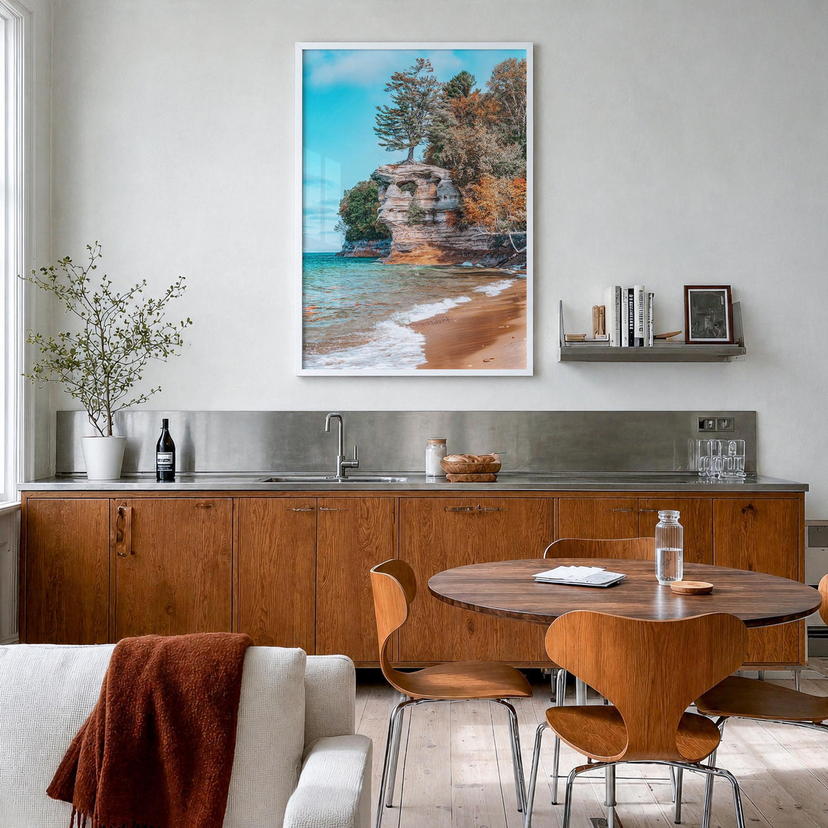 Lake Superior colorful photo poster of United States & Canada – vertical wall art in white wood frame, hanging on wall