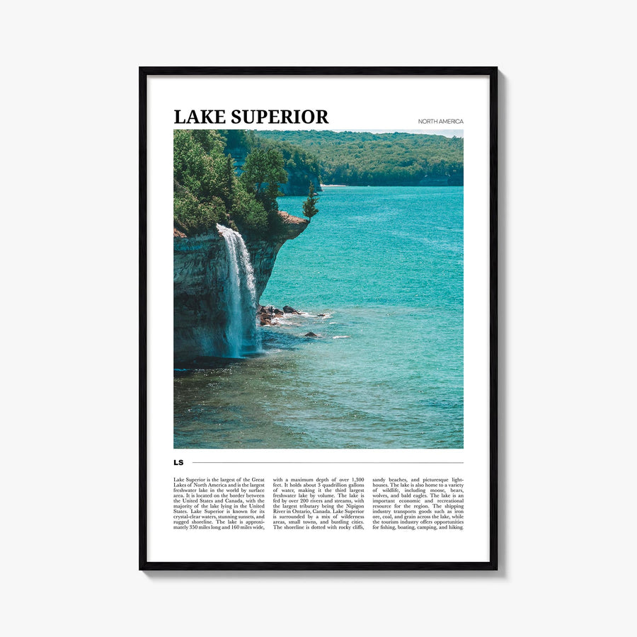 Lake Superior colorful travel poster of United States & Canada – vertical wall art, unframed print shown in interior mockup