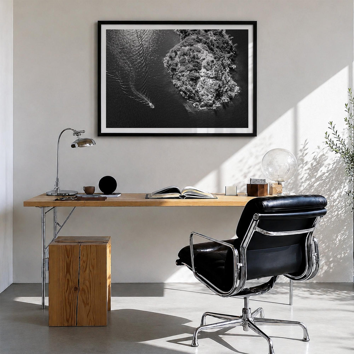 Lake Tahoe black & white photo poster of California & Nevada, USA – horizontal wall art in black wood frame with white border