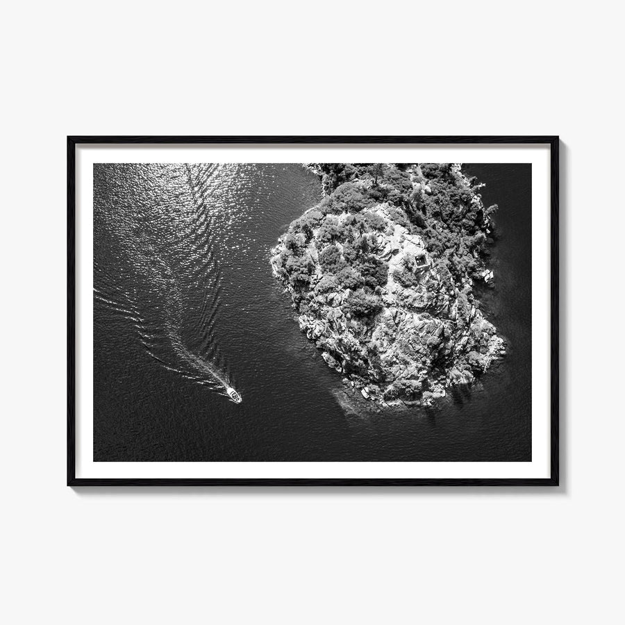 Lake Tahoe black & white photo poster of California & Nevada, USA – horizontal wall art, unframed print shown in interior moc
