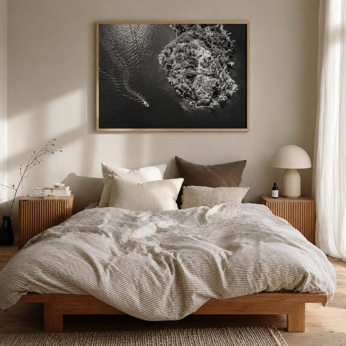 Lake Tahoe black & white photo poster of California & Nevada, USA – horizontal wall art in natural wood frame, hanging on wal
