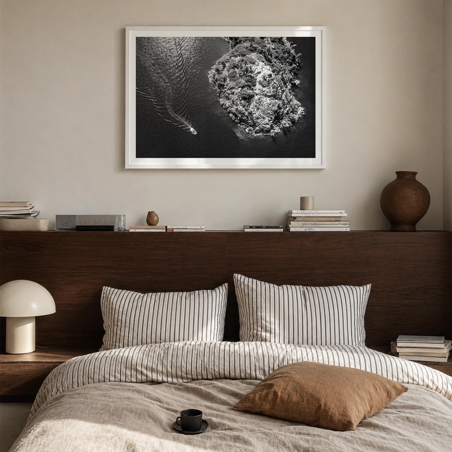 Lake Tahoe black & white photo poster of California & Nevada, USA – horizontal wall art in white wood frame with white border