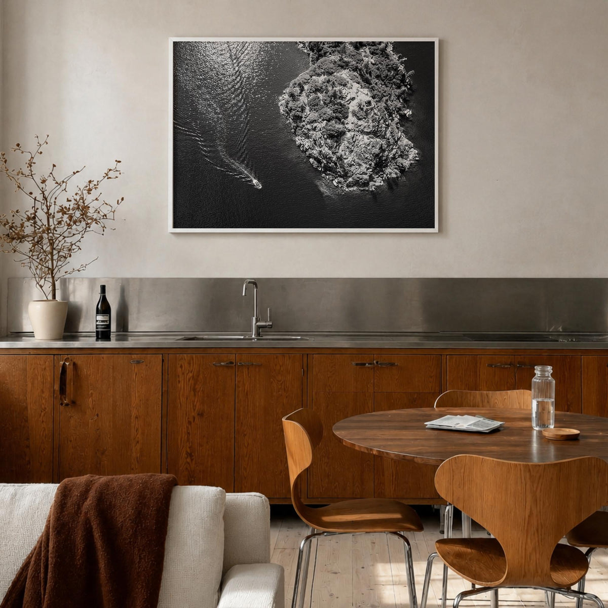 Lake Tahoe black & white photo poster of California & Nevada, USA – horizontal wall art in white wood frame, hanging on wall